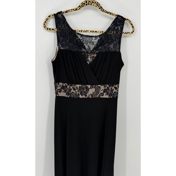 Black Sleeveless Lace Trim Maxi Dress With Nude Lining Accents - Picture 2 of 12